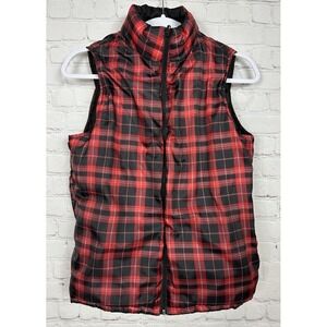 Merona Womens Reversible‎ Plaid Puffer Vest Jacket Red Plaid and Black sz M GUC